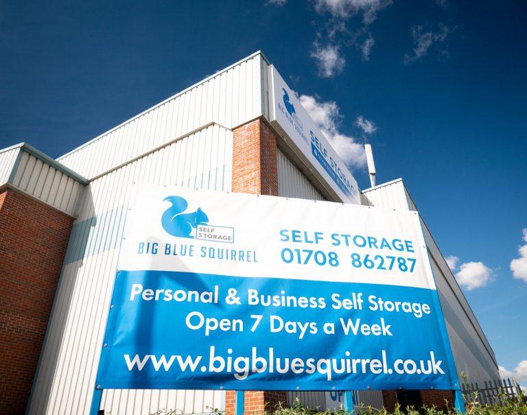 big blue squirrel banner outside